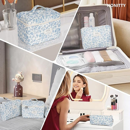 Makeup Pouch,Quilted Cosmetic Bags,Large Floral Make Up Organizer for Women