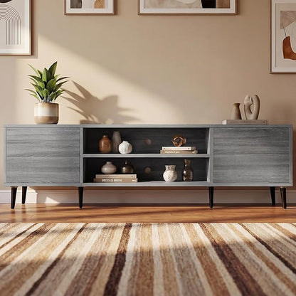 JUMMICO Mid-Century Modern TV Stand for 65-70 Inch TVs, 63 Inch Media Console with Storage, Entertainment Center with Push-Open Cabinets and Cable Management for Living Room (Grey, 63 Inches)