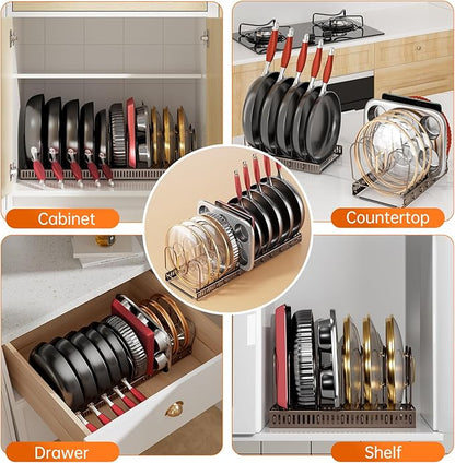 MUDEELA Pots and Pans Organizer under Cabinet, Expandable Pan Lids Organizers inside Cabinet with 12 Adjustable Dividers, Kitchen Storage Organization Pot Holder Cookie Sheet, Cutting Board Organizer
