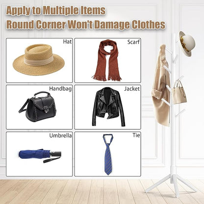 Wooden Coat Rack Stand, Freestanding Coat Rack with 8 Hooks, 3 Adjustable Size Coat Tree for Hats, Coats, Scarves bags, Coat Hanger Stand Used in Bedroom/Office/Entryway, 2 PCS (White)