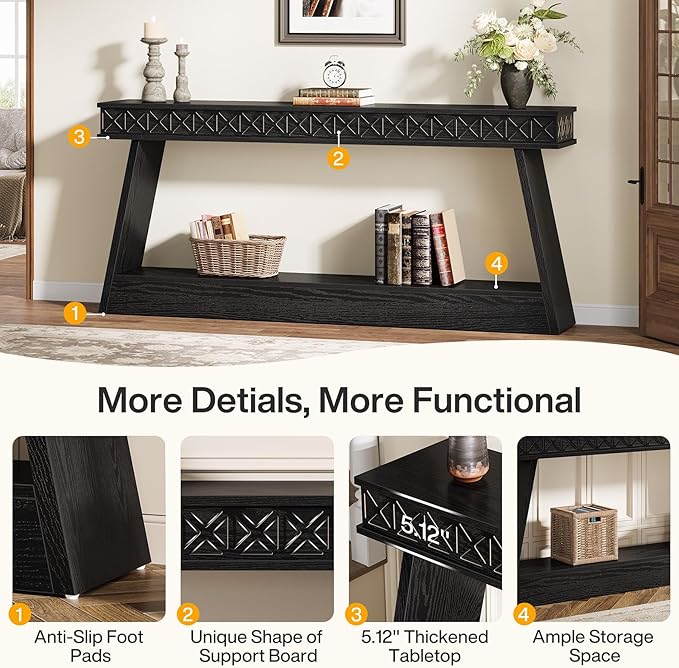 Tribesigns 70.9 Inch Extra Long Console Table, Wood Entryway Table with Storage, Narrow Long Sofa Tables Behind Couch, Farmhouse Style Entry Table for Living Room, Hallway, Entrance, Foyer, Black