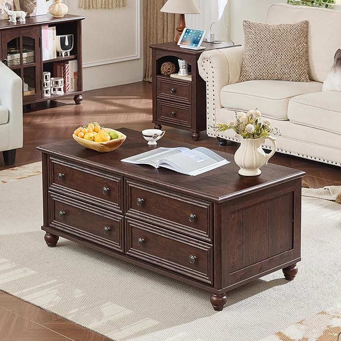48" Farmhouse Coffee Table with Hidden Storage,Wooden Coffee Tables with 4 Drawers & Roman Column Handle,Rectangular Rustic Center Table with Solid Wood Curved Base for Living Room,Office,Walnut