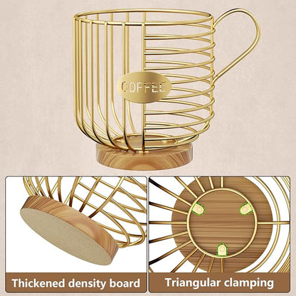 Coffee Pod Holder, 45+ Large Capacity Wire K Cup Storage Organizer with Solid Wood Base, Anti-Slip Coffee Capsule Holder for Kitchen Bar Counter, Compatible with K-Cups/Nespresso Espresso Capsules