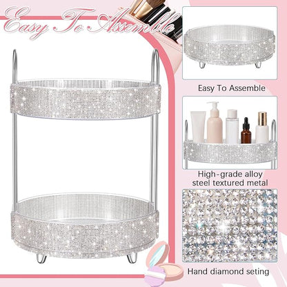 Honeydak 360 Rotating Perfume Organizer Gift for Women, Rhinestone Preppy Skincare Organizer Bathroom Counter Makeup Holder Skincare and Perfume Storage for Cosmetic(2 Tiers,Rhinestone,White)