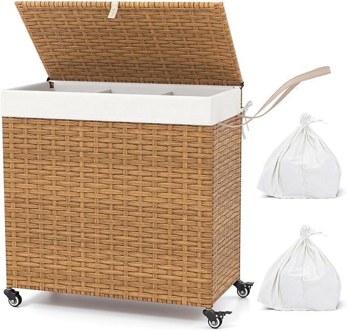 GOFLAME Laundry Hamper with Lid and Wheels, 125L Hand Woven Rattan Laundry Basket with 3 Divided Sections, Handles, 2 Removable and Washable Liner Bags, Dirty Clothes Hamper for Bedroom (Natural)