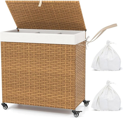 GOFLAME Laundry Hamper with Lid and Wheels, 125L Hand Woven Rattan Laundry Basket with 3 Divided Sections, Handles, 2 Removable and Washable Liner Bags, Dirty Clothes Hamper for Bedroom (Natural)