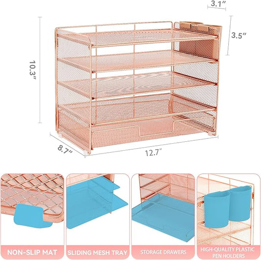 LEKETREE Desk Organizer and Accessories, 5-Tier Paper Letter Tray Organizer with Drawer & 2 Pen Holders for Desktop File Organization, Office Desk Accessories for Supplies Storage (Rose Gold)