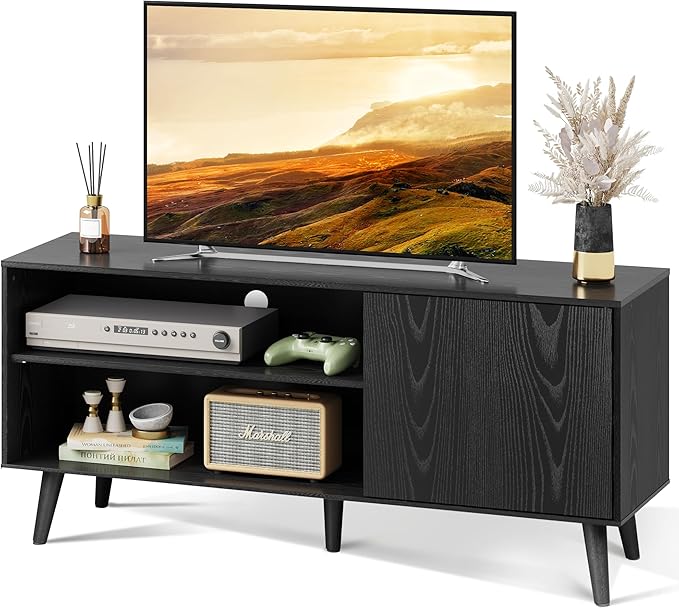 WLIVE TV Stand for 55 Inch TVs, Entertainment Center with Storage Cabinet, Mid-Century TV Stands for Living Room and Bedroom, 50" TV Console, Black