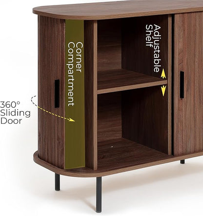 LuxenHome Sideboard Buffet Cabinet with Storage, 35" Walnut Mid Century Modern Accent Cabinet, Sliding Door Entryway Small Storage Cabinets for Kitchen, Living Room, Entryway