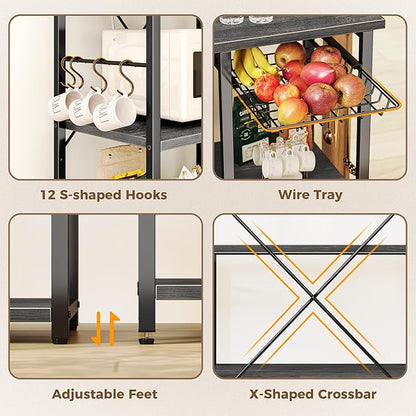 SUPERJARE Large Bakers Rack with Power Outlets, 6-Tier Microwave Stand, Coffee Bar with 12 S-Shaped Hooks, Kitchen Shelf with Wire Basket, 39.4 x 14.6 x 66.9 Inches, Charcoal Gray