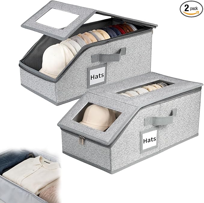 2 PCS Hat Organizer, Stackable Hat Storage for Closet, Breathable Fabric, for Women & Men Hat Boxes (Grey)