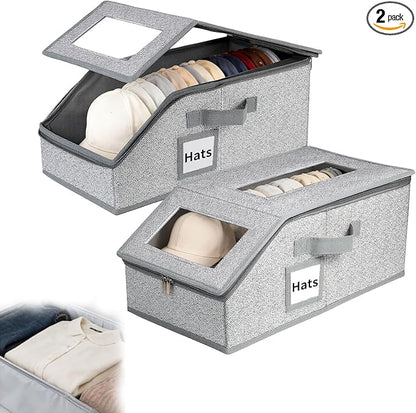 2 PCS Hat Organizer, Stackable Hat Storage for Closet, Breathable Fabric, for Women & Men Hat Boxes (Grey)
