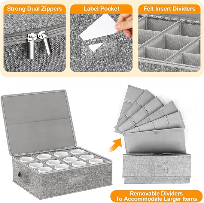 Kukikan Coffee Mug Storage Box 2 Pack with Dividers, China Storage Containers Organizer Moving Supplies, Hard Shell & Stackable for Coffee Mugs, Tea Cups w/Sturdy Lid & Handles, 24 Compartments, Grey