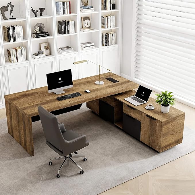 SAINTCY L-Shaped Executive Desk, Retractable Office Desk with Drawers, Large Wood Computer Desks for Boss, Bussiness Owners, Manangers and Supervisors, Adjustable Width (Right Return, 86.6" to 94.5")