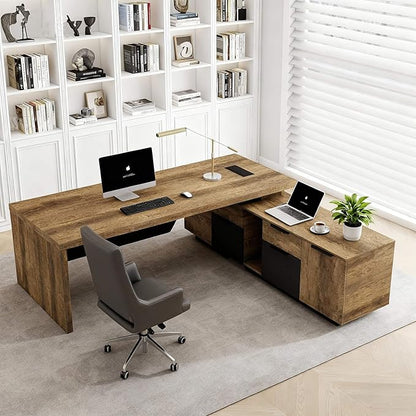 SAINTCY L-Shaped Executive Desk, Retractable Office Desk with Drawers, Large Wood Computer Desks for Boss, Bussiness Owners, Manangers and Supervisors, Adjustable Width (Right Return, 86.6" to 94.5")