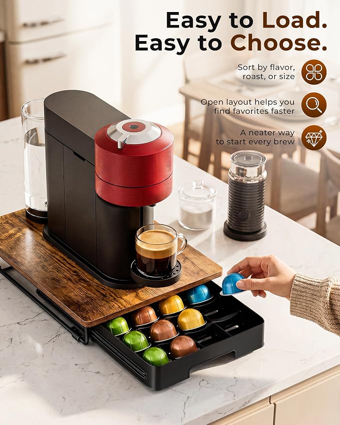 EVERIE Coffee Pod Drawer Compatible with Nespresso Vertuo Capsules, Low Profile Wooden Pod Holder, 24-Slot Rustic Brown Organizer with Metal Frame, 15.9 x 12 x 3 In