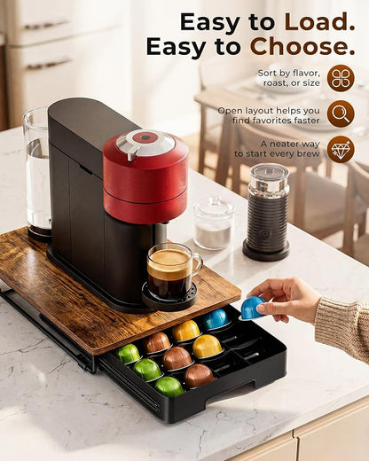 EVERIE Coffee Pod Drawer Compatible with Nespresso Vertuo Capsules, Low Profile Wooden Pod Holder, 24-Slot Rustic Brown Organizer with Metal Frame, 15.9 x 12 x 3 In