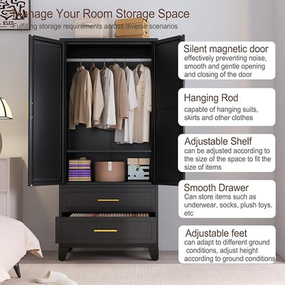 erosoei Metal Armoire Wardrobe Closet, 71 "Metal Clothing Storage Cabinet | with Mirror and Adjustable Shelves, Household Steel Wardrobe Storage Cabinet with 2 Drawers and Hanging Rod(Armoire-Black)