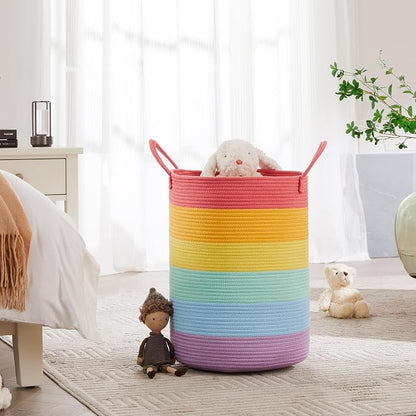 Rainbow 15"Dx20"H Baby Girls Kids Laundry Hamper Basket for Nursery Toddler Clothes Blanket Toy Storage Woven Rope Unicorn Hamper in Playroom Bedroom 60L Large