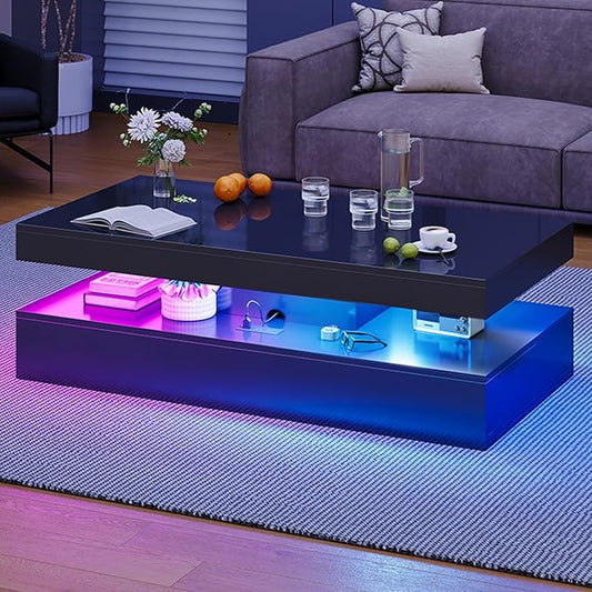 47” High-Glossy LED Coffee Table with 2 Sliding Drawers, Living Room Storage Coffee Tables, Modern Stylish Double-Layer Center Tables with LED Lights, Black