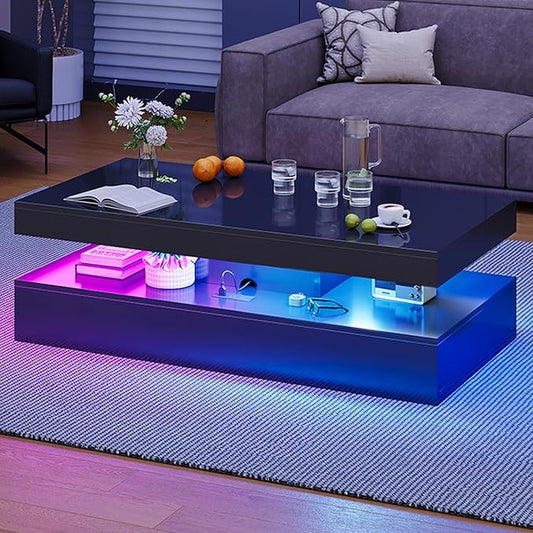 47” High-Glossy LED Coffee Table with 2 Sliding Drawers, Living Room Storage Coffee Tables, Modern Stylish Double-Layer Center Tables with LED Lights, Black