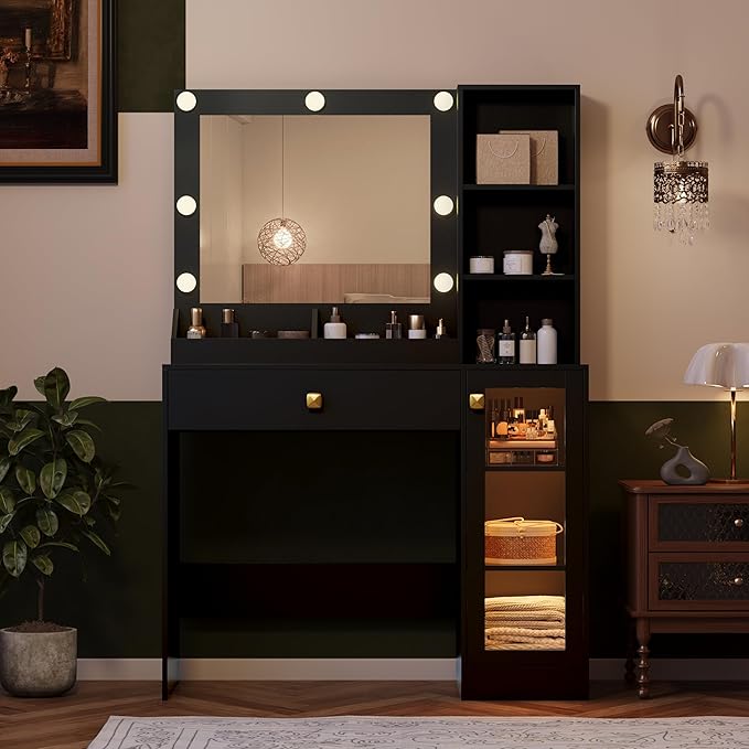 Black Makeup Vanity with Mirror and Lights, 34'' Wide Dressing Table with Charging Station & RGB Glass Cabinet, Small Vanity Desk with 3 Color Lighting Modes & Adjustable Brightness