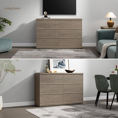SICOTAS Fluted Sideboard Buffet Cabinet with Storage, Modern Credenza Storage Cabinet with 3 Larger Drawers, Mid Century Coffee Bar Table for Living Room Entryway Kitchen, Grey Alder (2 PCS)