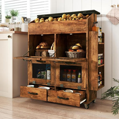 Verano Garden Large Potato and Onion Storage Bin on Wheels, Wood Bread Box w/Lid & Mesh Doors, 4-Tier Rolling Fruit and Vegetable Storage Organizer w/Grocery Section & Side Rack