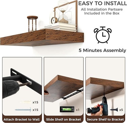 Floating Shelves for Wall, 24 Inch Wide x 12 Inch Deep Floating Shelves, Long Wood Floating Wall Shelf Shelves for Living Room Bathroom Bedroom Kitchen Home - (Brown, 24" W x 12" D x 2" H)