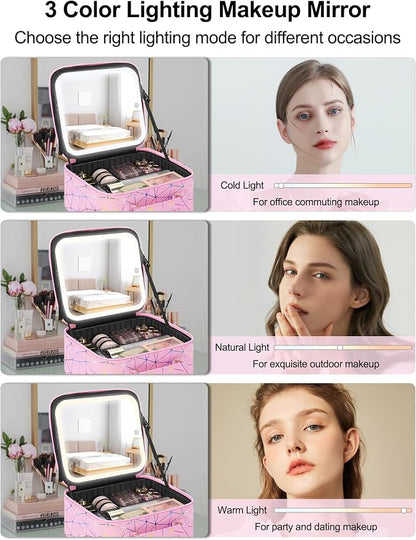 Relavel Travel Makeup Bag with LED Mirror, Portable Cosmetic Train Case with 3 Color Lighted Brightness Mirror, Makeup Artist Organizer Storage with Adjustable Dividers Make Up Box - Pink Geometric
