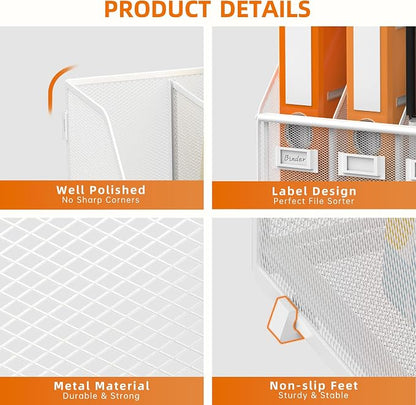 DALTACK Desk Organizers Metal Magazine File Holder with 4 Vertical Compartments Folder Storage Binder Organizer for Office Home School Organization, White