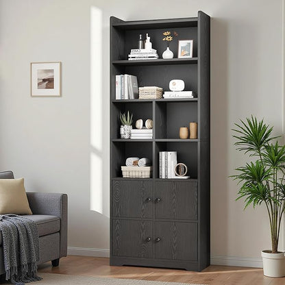 IRONCK Bookshelves and Bookcases with 4 Doors, 6-Tier Bookshelf with Storage Shelves 74.6 in Tall Bookcase for Home Office, Living Room, Bedroom, Black