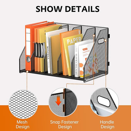 SUPEASY Binder Organizer, Magazine File Holder with 5 Vertical Compartments Rack, Metal Desk File Organizer & Binder Holders, Magazine Organizers for Office Desktop, Home, School, Classroom (Black)
