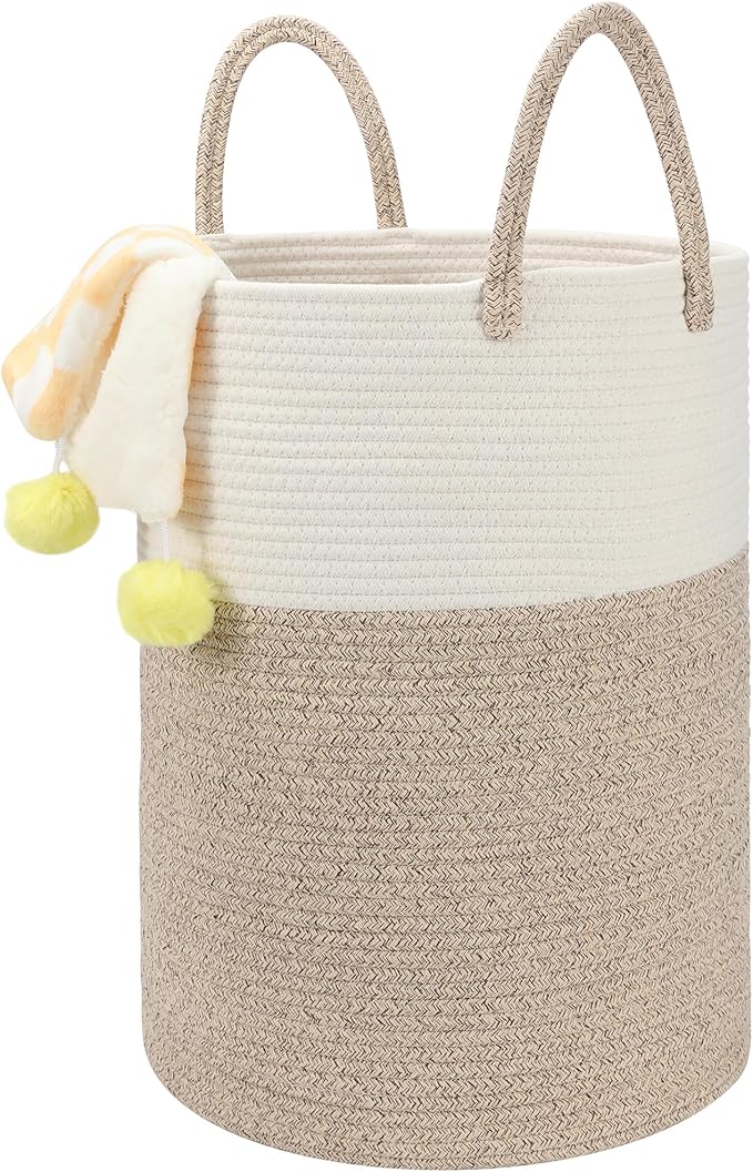 Eblog 58L Cotton Rope Laundry Basket (20"x15"), Woven Storage Basket for Laundry, Living Room, Nursery, Bedroom, Blankets (White/Brow)
