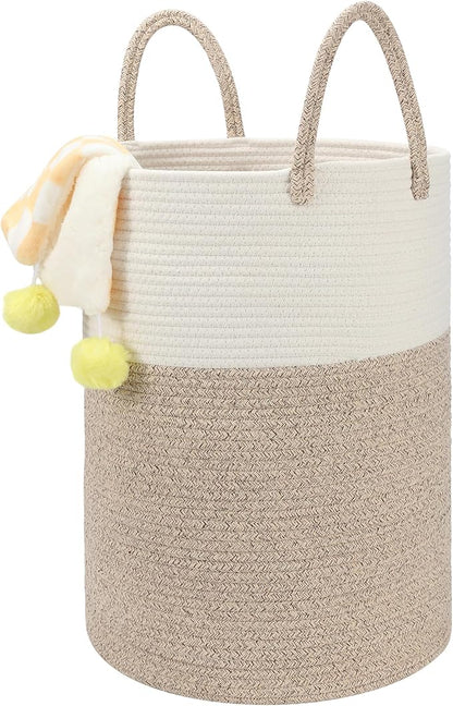Eblog 58L Cotton Rope Laundry Basket (20"x15"), Woven Storage Basket for Laundry, Living Room, Nursery, Bedroom, Blankets (White/Brow)