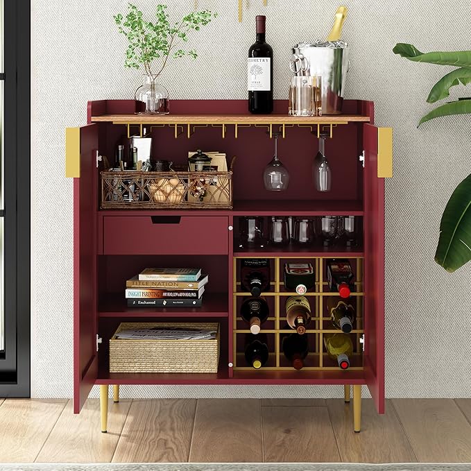 ARTPOWER Coffee Bar Cabinet with Wine Racks, Red Liquor Cabinet with Fluted Texture, Modern Sideboard Buffet Cabinet for Kitchen Dining Room, Living Room