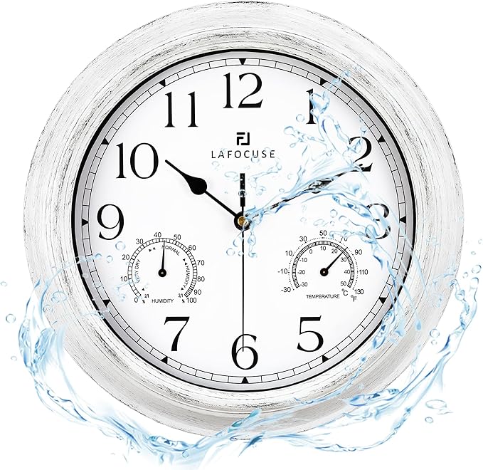Lafocuse White Outdoor Wall Clocks Waterproof for Patio with Thermometer, 12 Inch Hygrometer Wall Clock for Kitchen Bathroom Garage
