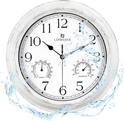 Lafocuse White Outdoor Wall Clocks Waterproof for Patio with Thermometer, 12 Inch Hygrometer Wall Clock for Kitchen Bathroom Garage