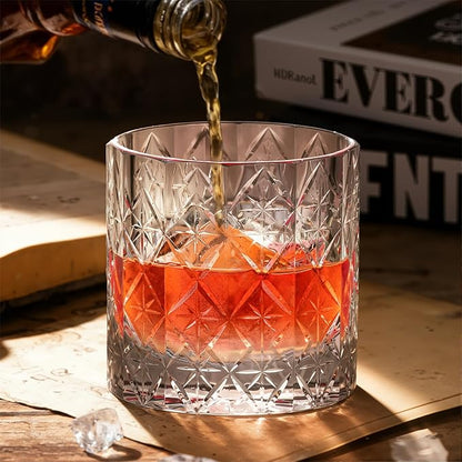 KAMMAK Crystal Whiskey Glass Set of 2, 7.44 oz (220ml) Old Fashioned Tumbler with Delicate Rim & Thick Stable Base, Hand Blown Lead-Free Barware for Scotch, Bourbon, Cocktail, 12-Facet