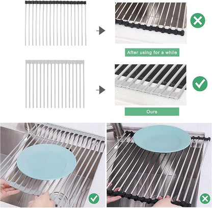 Roll Up Dish Drying Rack Over Sink, 17.5" x 13" Silicone Coated Stainless Steel Sink Drying Rack, Foldable Dish Drainer Rack for Kitchen Counter, Heat Resistant, Non-Slip, Space Saving, Gray