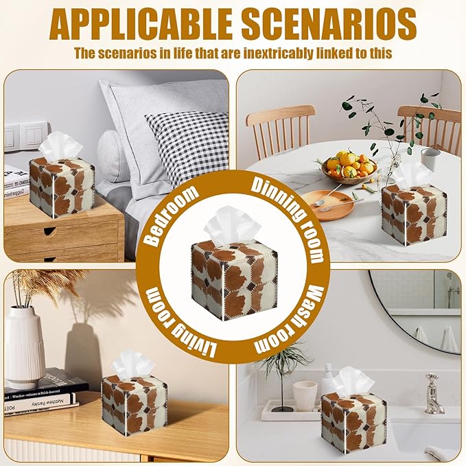 Brown Cowhide Tissue Box Cover 2PCS, Cow Skin Leather Tissue Box Holder Square Facial Paper Case Tissue Box Cube Organizer for Bathroom Bedroom Desk Office