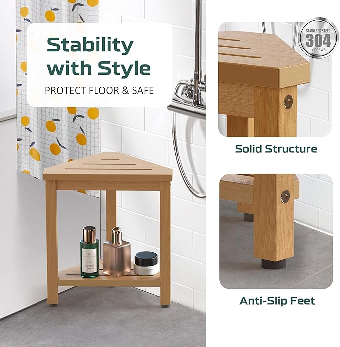 Shower Foot Rest 14in, HDPE Waterproof Shower Stool for Inside Shower, Corner Shower Stool for Shaving Legs with Storage Shelf, Shower Step Stool for Small Space, Plastic Corner Shower Bench, Teak