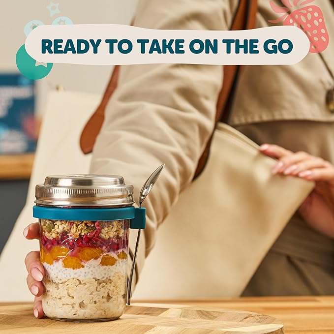 Overnight Oats Containers with Lids & Spoons - Stainless Steel Lid Leakproof Glass Jars for Chia Pudding & Yogurt for Healthy Breakfast On-the-Go - 16oz Set with Unique Milk Line - 4 Pack