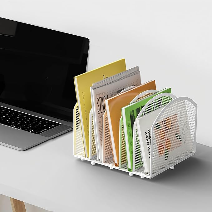 Desk File Organizer 5 Sections Desktop Organizer File Sorter Office Organization File Folder Holder for Office School & Classroom (White, 5 Section - 1Pack)