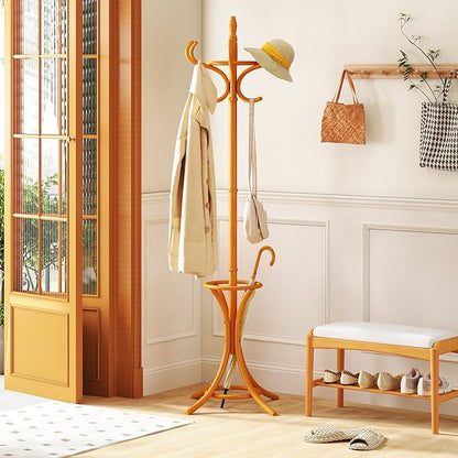Tangkula Coat Rack with Umbrella Holder, 73 Inch Freestanding Coat Hanger Stand with 12 Hooks, Wooden Entryway Coat Tree for Clothes, Bags, Hats, Scarves, Living Room, Bedroom, Hallway (Natural)