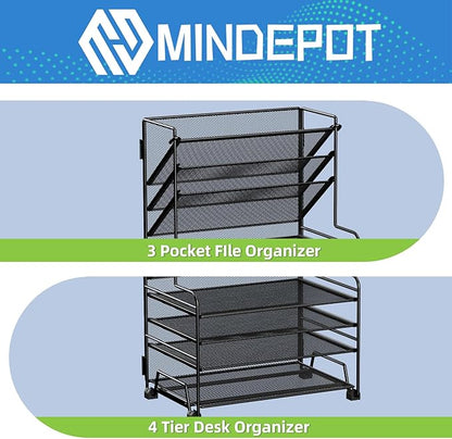 4-Tier Paper Organizer + 3-Pocket File Holder + Drawer + Pen Holders, Desktop File Organizers Paper Tray for Office Supplies School Classroom Organization (Black, No Drawer & Pen Holder)