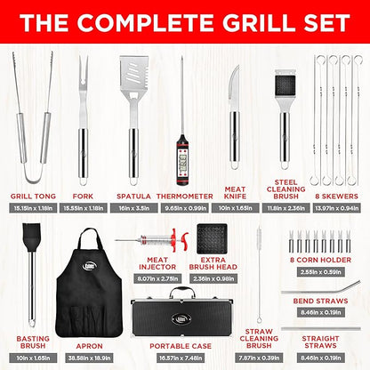 Kaluns 32 Psc Grilling Accessories, Dad Gifts for Fathers Day, Heavy Duty Stainless Steel Grill Set BBQ Grill Accessories for Outdoor Grill with Aluminum Case and Apron, Best Gifts for Men