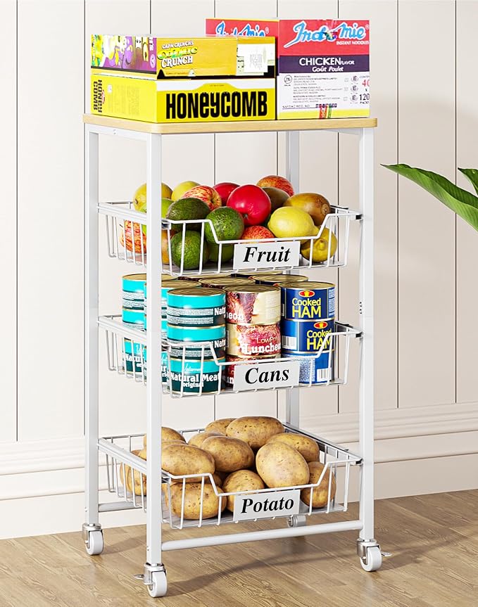OKZEST 4-Tier Kitchen Storage Cart on Wheels – Mobile Fruit Basket Stand with Drawers & Wooden Top, Small Rolling Pantry Shelf for Potatoes, Onions, Bottled Drinks, Cans, Snacks – Includes 3 PE Liners