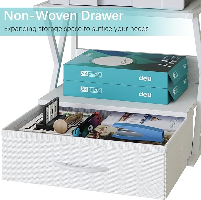 aboxoo Printer Stand for Desk with Storage Drawer, 2 Tier Desktop Or UnderDesk Shelf, Multi-Purpose Desk Organizer for Home Office, fit Fax Machine/3D Printer/Scanner, White