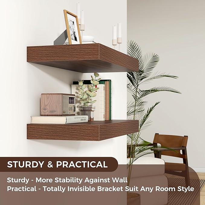 Floating Shelves for Wall, 24 Inch Wide x 12 Inch Deep Floating Shelves, Long Wood Floating Wall Shelf Shelves for Living Room Bathroom Bedroom Kitchen Home - (Walnut, 24" W x 12" D x 2" H)